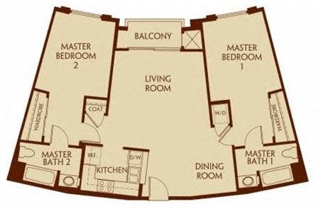 Floor plan for 2 beds, 2 baths, 1040 sqft